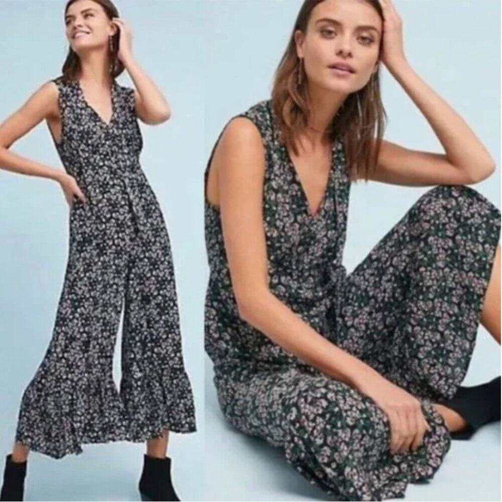 Anthropologie Maeve Asonia Black Floral Wide Leg Jumpsuit
